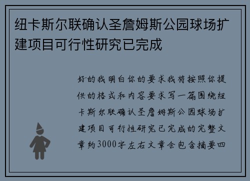 纽卡斯尔联确认圣詹姆斯公园球场扩建项目可行性研究已完成