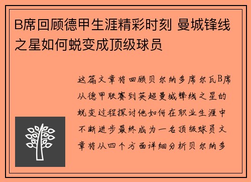 B席回顾德甲生涯精彩时刻 曼城锋线之星如何蜕变成顶级球员