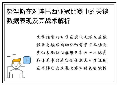 努涅斯在对阵巴西亚冠比赛中的关键数据表现及其战术解析